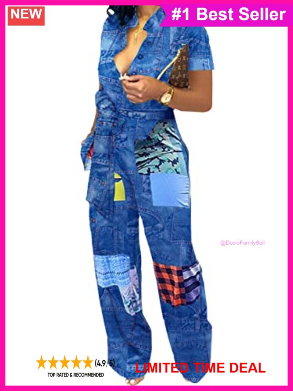 Women's Collared V-Neck Wide Leg Jumpsuit Romper with Belt Pockets